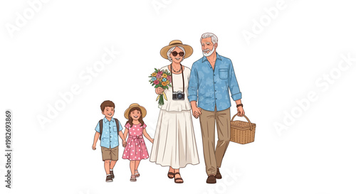 A cartoon family of four, including grandparents and grandchildren, are depicted walking together while holding hands, with the grandmother carrying flowers and a camera, against a clean