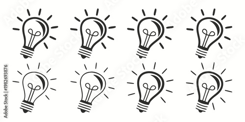 Set of eight hand-drawn glowing lightbulb icons identical in design symbolizing consistent ideas inspiration bright thoughts with lightbulb inspiration solution innovation thinking electric