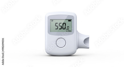 Modern digital peak flow meter device for respiratory monitoring, displaying 550 L/min on a bright LCD screen.