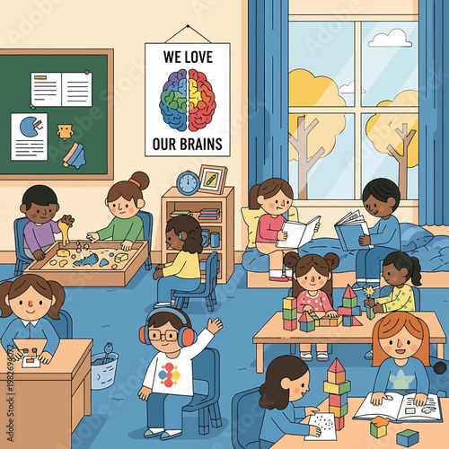 children in a classroom learning.