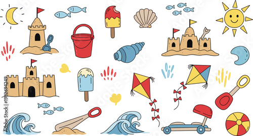 Hand-Drawn Summer Beach and Play Elements Set Featuring Sandcastles, Ice Cream, Kites, and Beach Toys