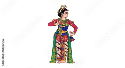 Dancer in traditional Indonesian attire performs a graceful cultural movement with ornate golden accessories.