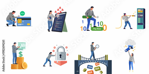 Set of IT Support and Web Development Illustrations Depicting Cybersecurity, Server Maintenance, Coding, and Online Payment Solutions in a Flat Vector Style.
