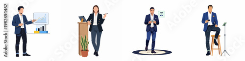 Set of four business professional character illustrations featuring modern office scenes, presentations, and technology usage in a flat vector style.