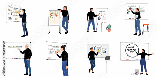Startup team members presenting business concepts, lean canvas, and metrics on whiteboards and flipcharts, flat vector illustrations on a white background.