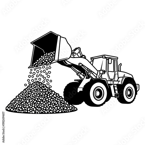 Front loader dumping gravel, construction equipment, heavy machinery, industrial vehicle, outdoor scene