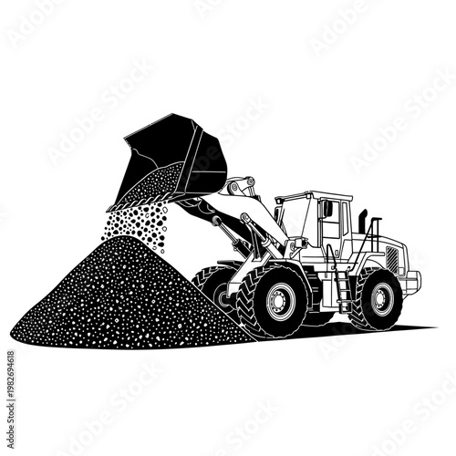 Front loader dumping gravel onto a large pile, construction site, heavy machinery working