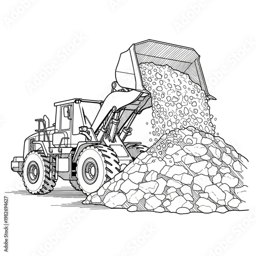 Front loader dumping pile of rocks and gravel at construction site
