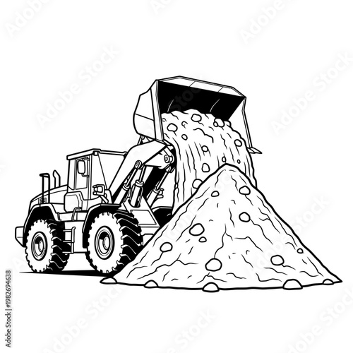 Front loader dumping pile of dirt and rocks, construction equipment, heavy machinery