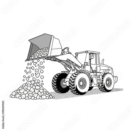 Front loader dumping rocks into a pile, construction equipment, heavy machinery, industrial vehicle