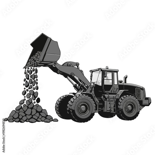 Heavy duty wheel loader dumping gravel and rocks into a pile on white background