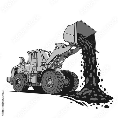 Heavy duty wheel loader dumping soil and gravel from bucket at construction site