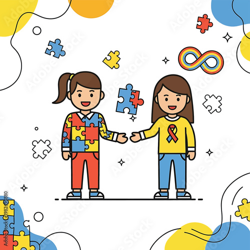 Two girls with autism awareness symbols.