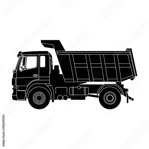 Black silhouette of a dump truck on a white background