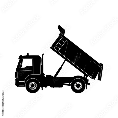 Black silhouette of a dump truck with its bed raised, unloading materials against a white background.