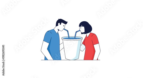 Man and woman sharing a drink from a large cup with straws illustration minimalist style blue and red shirts white background