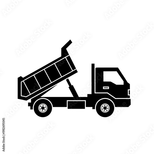 Black silhouette of a dump truck with its bed raised, isolated on white background