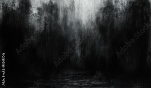 dark misty forest silhouettes rising above reflective water, heavy fog and shadows creating an ominous melancholic mood