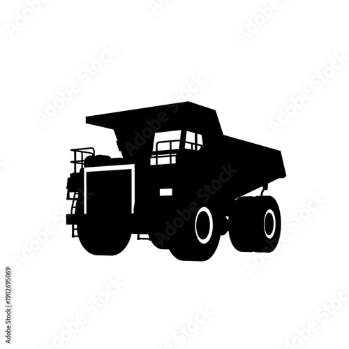 Black Silhouette of a Heavy Duty Mining Dump Truck on a White Background