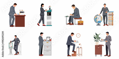 Flat vector illustrations of diverse business professionals in suits signing contracts, reviewing documents, and managing corporate affairs, isolated on white background.