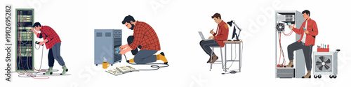 Set of illustrations showing a male IT technician or engineer installing, maintaining, and repairing server hardware and computer systems in a data center.