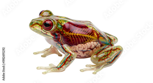A transparent frog showing biology anatomy of organs bone intestine and blood vessel.
