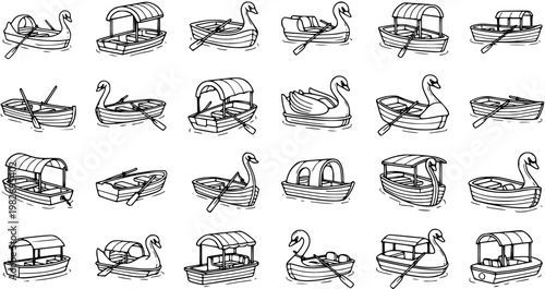 Water Transport  Recreation Boats Black and White Line Art Icon Set. Hand Drawn Outline Collection of Swan Pedal Boats, Rowboats, and Canopy Boats for Leisure and Tourism.