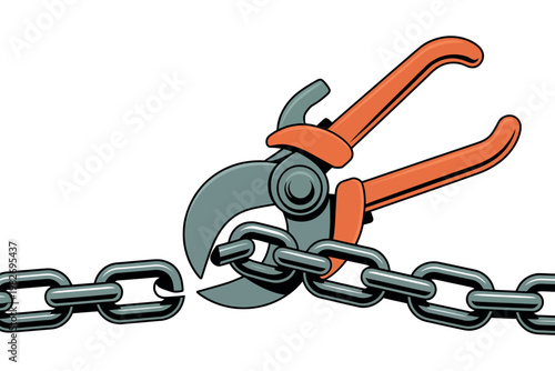 A cartoon illustration of bolt cutters cutting through a metal chain with orange handles