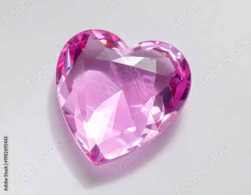 A pink heart-shaped gemstone with many facets and a light reflection