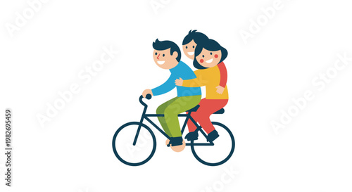 Two friends riding bicycle together outdoors in daytime with smiles