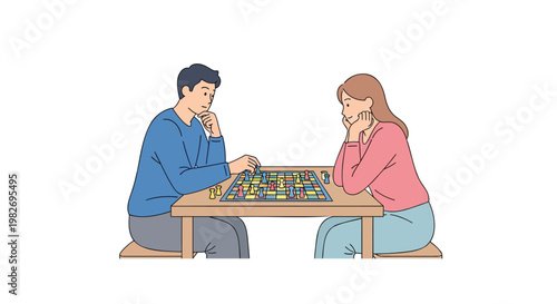 Couple playing board game together sitting at wooden table in casual clothing thinking deeply