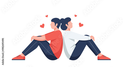 Loving couple sitting back to back with hearts minimal flat vector illustration of two people in casual clothes