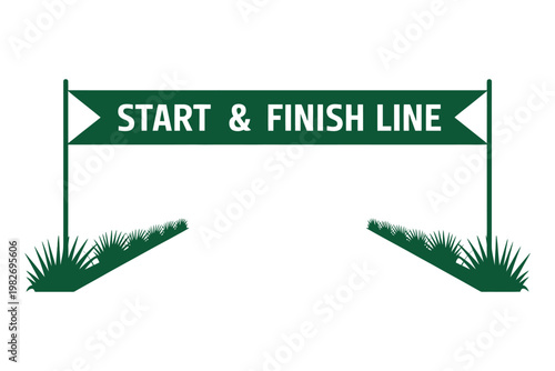 A green start and finish line banner with grass on a white background
