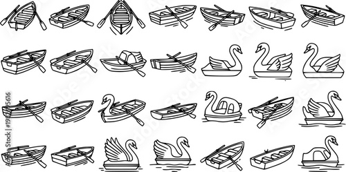 Black and White Line Art Illustration of Various Boats and Swan Paddle Boats for Outdoor Recreation