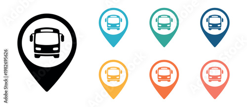 Bus concept vector icon set featuring public transport symbols city bus silhouettes and location markers simplified map navigation illustration modern design