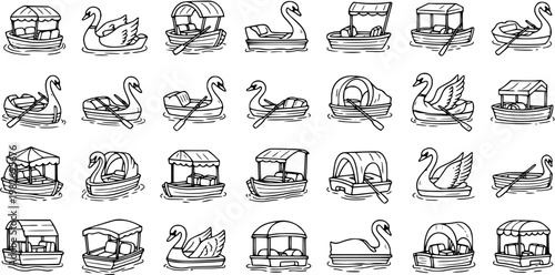 Hand-Drawn Black and White Line Art Icons of Various Recreational Watercraft including Traditional Boats and Swan Pedal Boats for Leisure and Tourism Activities