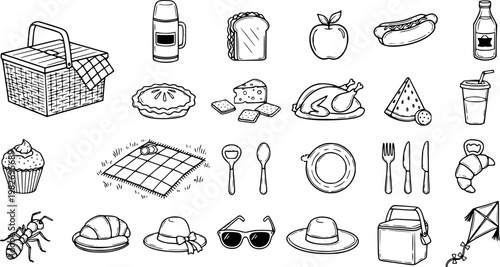 Black and White Line Art Picnic Icons: Basket, Food, Drinks, and Accessories for Outdoor Dining