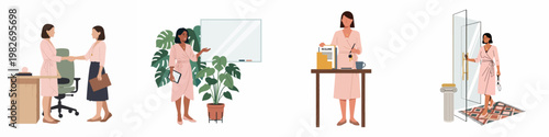 Professional business women in various office scenes including job interview handshake, presentation at a whiteboard, managing resumes, and entering the workplace.