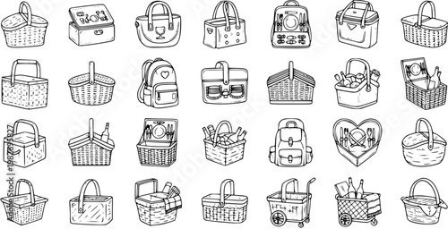 Black and White Line Art Picnic Baskets and Bags, Vector Icons