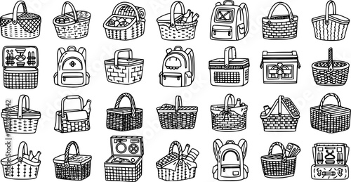 Black and White Line Art Collection of Picnic Baskets and Backpacks, Food Carrier Icons