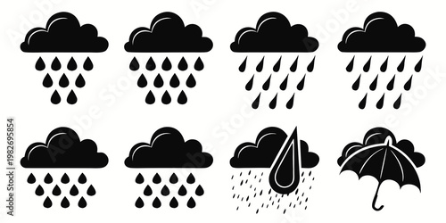 Rain cloud icons with different rain intensity and an umbrella meteorology forecast precipitation umbrella illustration collection seasonal atmospheric downpour heavydownpour