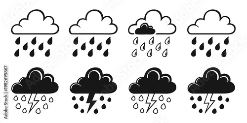 Collection of weather icons showing rain and lightning with clouds lightning thunderstorm meteorology forecast precipitation illustration collection seasonal atmospheric downpour