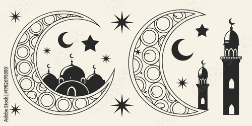Set of islamic themed illustrations featuring ornate crescent moons with decorative patterns mosque domes minarets star motifs crescent architecture religion cultural tradition silhouette