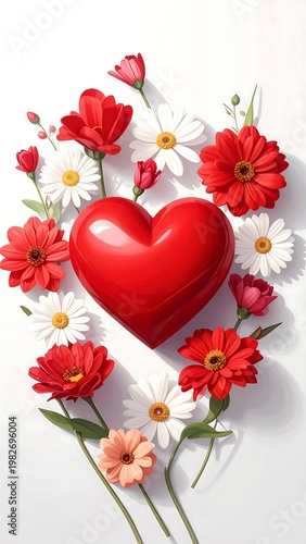 A red heart surrounded by vibrant flowers on a white background