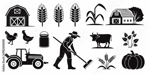 Farming and agriculture icon set featuring farm buildings machinery and crops agriculture countryside industry planting production livestock vegetable cultivation equipment machinery