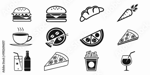 Fast food and drink menu flat icons set with fastfood croissant beverage junkfood restaurant appetizer delicious snacking cocktail vegetable refreshment illustration isolated