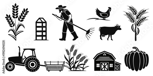 Farm and agriculture silhouette icons collection for rural farming design with farm animals black and white farming tools farming industry agriculture icon farm life farming equipment