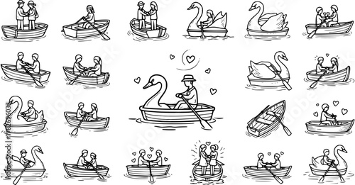 Romantic Couples Boating Doodles - Black  White Line Art Illustrations of People in Rowboats and Swan Boats for Love, Relationships, and Leisure.