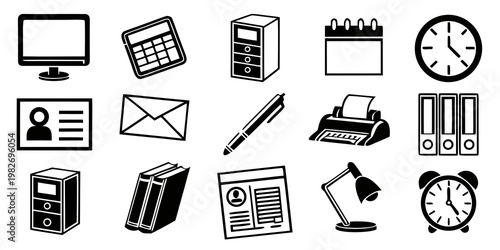 Office supply and business workspace icon set featuring computer calculator filing cabinet calendar clock envelope pen printer business computer calculator calendar envelope workspace