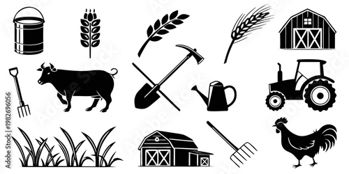 Set of black and white farm and agriculture related icons featuring animals buildings and tools rural life agriculture pitchfork countryside gardening livestock illustration collection